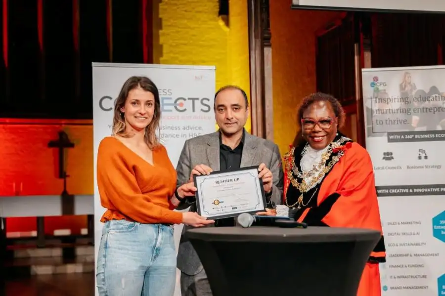  LendoCare founder Solomia Boretska accepts her runner up prize from Cllr Qayyum and Cllr Holder